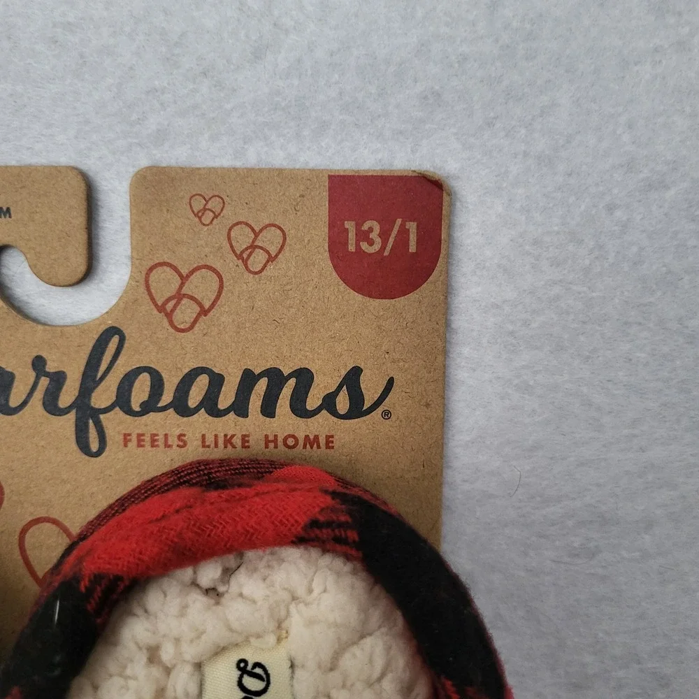 Dearfoams Lil bear Slippers Kids Buffalo Plaid Red Black Memory Foam Sherpa 13/1